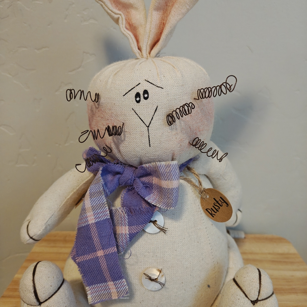 Honey And Me Handmade Cream Bunny Plush with Purple Plaid Bow "Rusty" - Picture 6 of 6